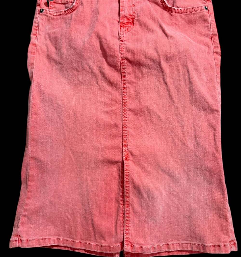 Level 99 Coral Pink Denim Pencil Skirt Women’s Long Jean Skirt Front Slit